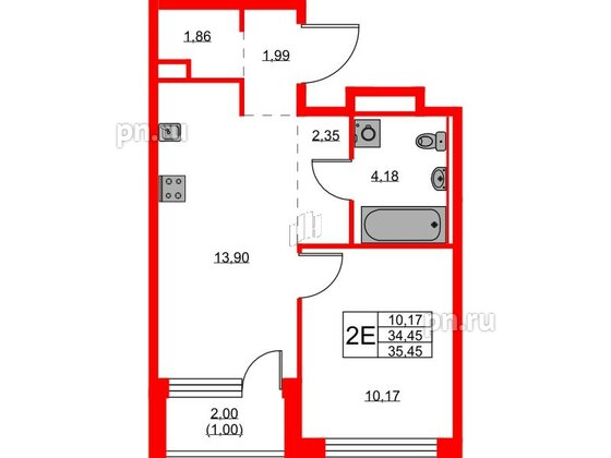 Квартира в ЖК GloraX Новоселье, 1 комнатная, 35.45 м², 8 этаж