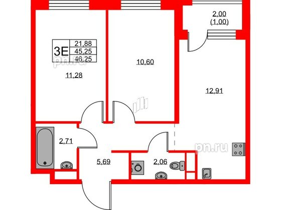 Квартира в ЖК GloraX Новоселье, 2 комнатная, 46.25 м², 8 этаж