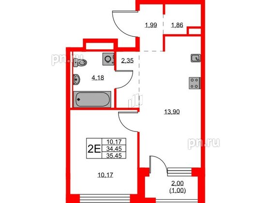 Квартира в ЖК GloraX Новоселье, 1 комнатная, 35.45 м², 8 этаж