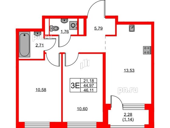 Квартира в ЖК «Новоселье», 2 комнатная, 46.11 м², 7 этаж