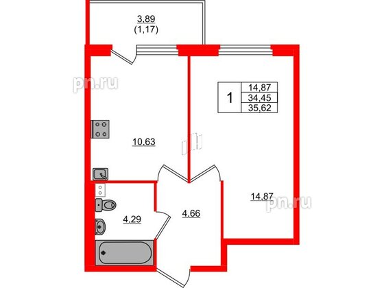 Квартира в ЖК «Дубровка. Park», 1 комнатная, 35.62 м², 2 этаж