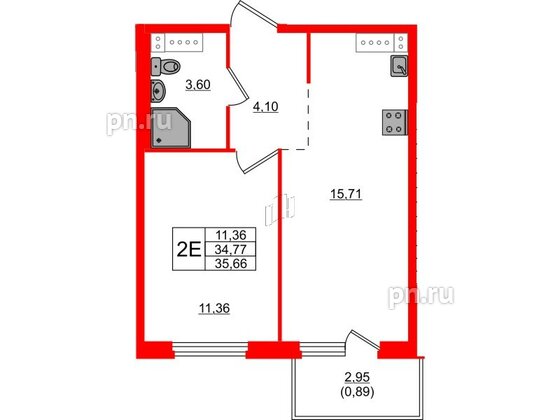 Квартира в ЖК «Дубровка. Park», 1 комнатная, 35.66 м², 3 этаж