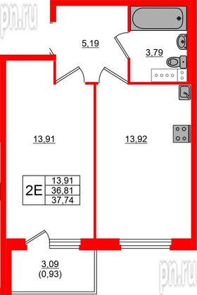 Квартира в ЖК «Дубровка. Park», 1 комнатная, 37.74 м², 2 этаж