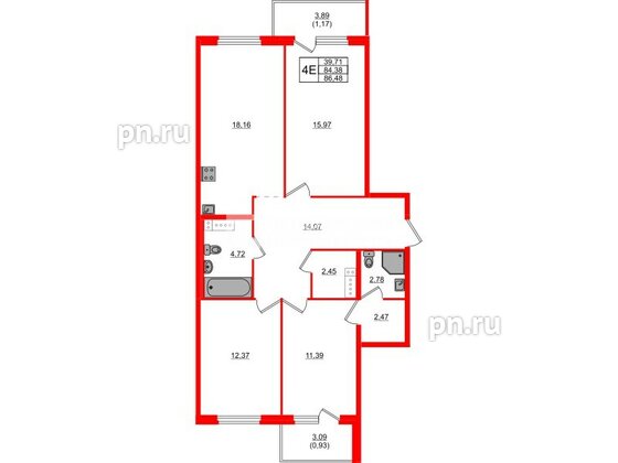 Квартира в ЖК «Дубровка. Park», 3 комнатная, 86.48 м², 3 этаж