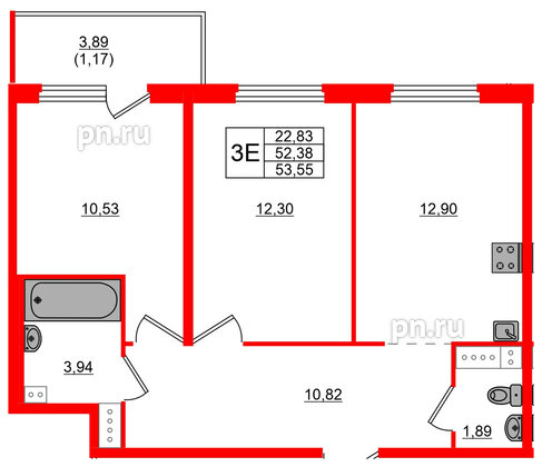 Квартира в ЖК «Дубровка. Park», 2 комнатная, 53.55 м², 5 этаж