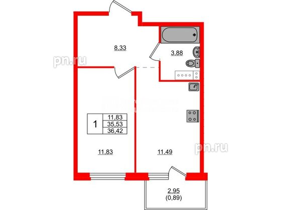 Квартира в ЖК «Дубровка. Park», 1 комнатная, 36.42 м², 5 этаж