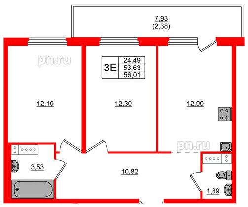 Квартира в ЖК «Дубровка. Park», 2 комнатная, 56.01 м², 3 этаж