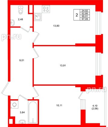Квартира в ЖК «Аквилон Верба», 2 комнатная, 55.01 м², 1 этаж