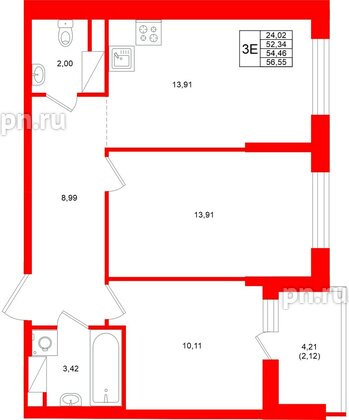 Квартира в ЖК «Аквилон Верба», 2 комнатная, 54.46 м², 10 этаж