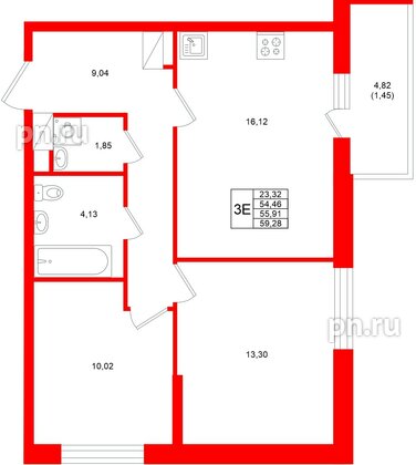 Квартира в ЖК «Аквилон Верба», 2 комнатная, 55.91 м², 6 этаж