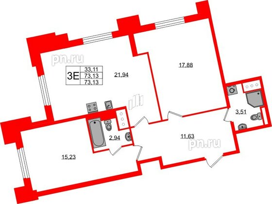 Квартира в ЖК Цивилизация на Неве, 2 комнатная, 73.13 м², 3 этаж