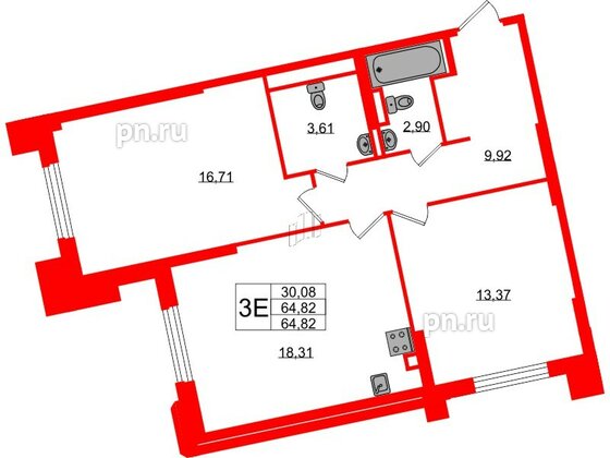 Квартира в ЖК Цивилизация на Неве, 2 комнатная, 64.82 м², 2 этаж