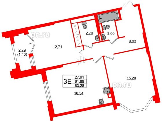 Квартира в ЖК Цивилизация на Неве, 2 комнатная, 63.28 м², 6 этаж