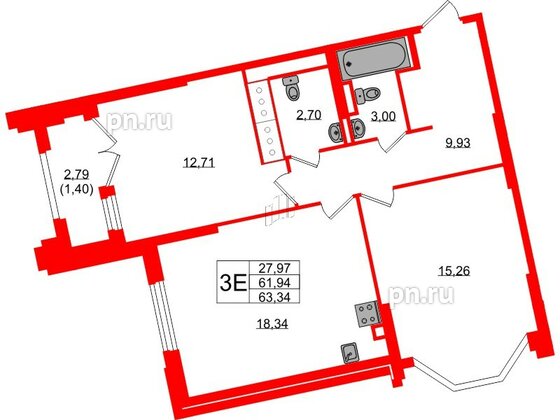 Квартира в ЖК Цивилизация на Неве, 2 комнатная, 63.34 м², 7 этаж