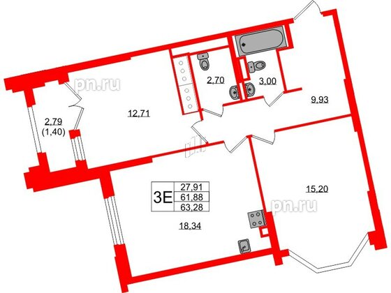 Квартира в ЖК Цивилизация на Неве, 2 комнатная, 63.28 м², 8 этаж