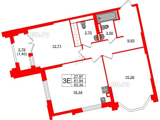 Квартира в ЖК Цивилизация на Неве, 2 комнатная, 63.34 м², 15 этаж