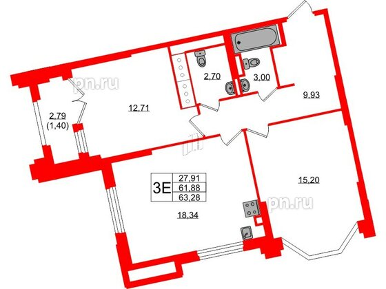 Квартира в ЖК Цивилизация на Неве, 2 комнатная, 63.28 м², 18 этаж