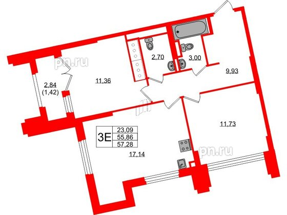 Квартира в ЖК Цивилизация на Неве, 2 комнатная, 57.28 м², 21 этаж