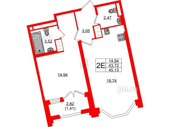 Квартира в ЖК Цивилизация на Неве, 1 комнатная, 45.13 м², 7 этаж