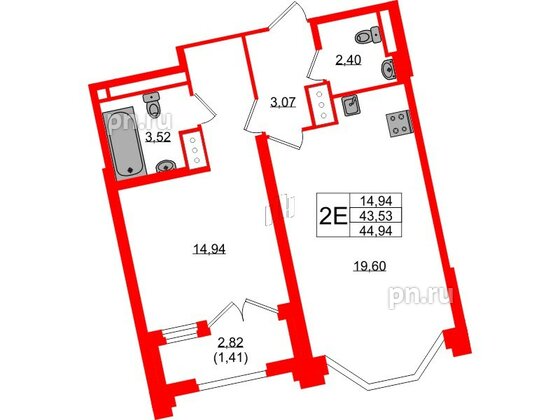 Квартира в ЖК Цивилизация на Неве, 1 комнатная, 44.94 м², 6 этаж