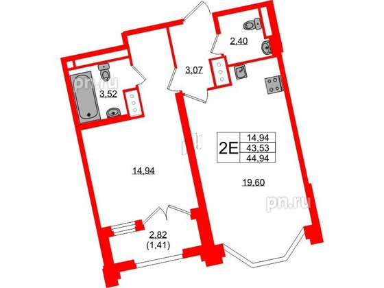 Квартира в ЖК Цивилизация на Неве, 1 комнатная, 44.94 м², 12 этаж