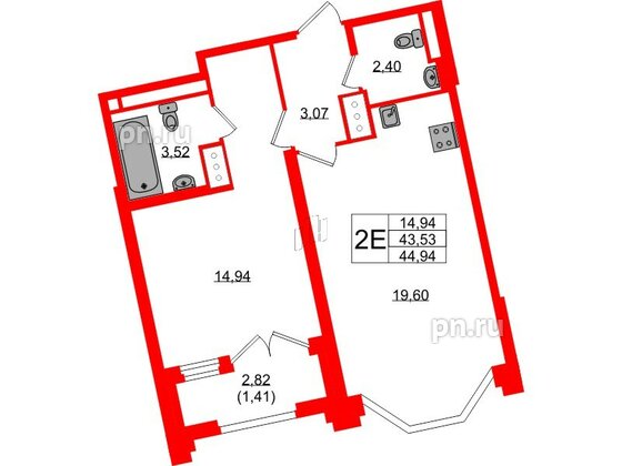 Квартира в ЖК Цивилизация на Неве, 1 комнатная, 44.94 м², 18 этаж