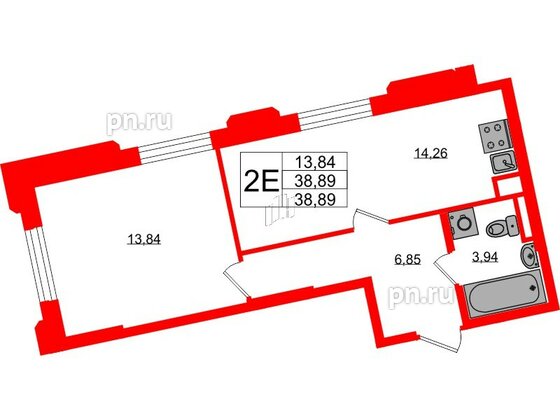 Квартира в ЖК Цивилизация на Неве, 1 комнатная, 38.89 м², 2 этаж