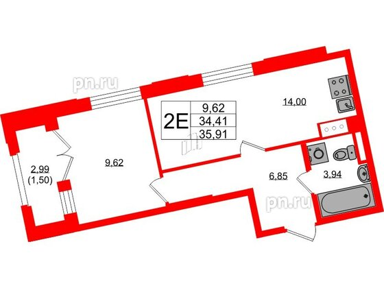 Квартира в ЖК Цивилизация на Неве, 1 комнатная, 35.91 м², 7 этаж