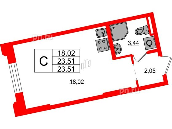 Квартира в ЖК Цивилизация на Неве, студия, 23.51 м², 2 этаж