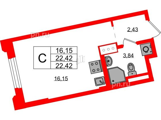 Квартира в ЖК Цивилизация на Неве, студия, 22.42 м², 3 этаж