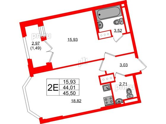 Квартира в ЖК Цивилизация на Неве, 1 комнатная, 45.5 м², 10 этаж