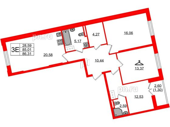 Квартира в ЖК Цивилизация на Неве, 3 комнатная, 86.31 м², 6 этаж