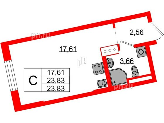 Квартира в ЖК Цивилизация на Неве, студия, 23.83 м², 3 этаж