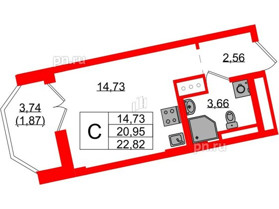 Квартира в ЖК Цивилизация на Неве, студия, 22.82 м², 7 этаж