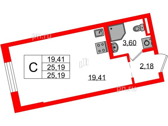 Квартира в ЖК Цивилизация на Неве, студия, 25.19 м², 2 этаж