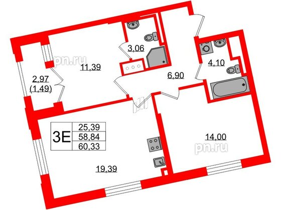 Квартира в ЖК Цивилизация на Неве, 2 комнатная, 60.33 м², 6 этаж