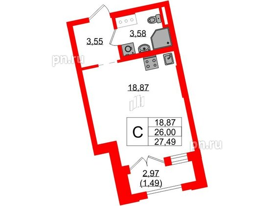 Квартира в ЖК Цивилизация на Неве, студия, 27.49 м², 6 этаж