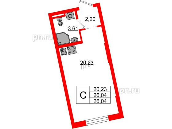 Квартира в ЖК Цивилизация на Неве, студия, 26.04 м², 2 этаж