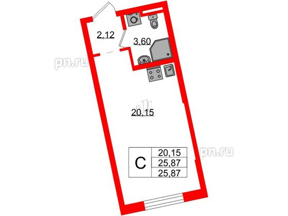 Квартира в ЖК Цивилизация на Неве, студия, 25.87 м², 2 этаж