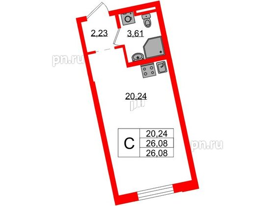 Квартира в ЖК Цивилизация на Неве, студия, 26.08 м², 2 этаж