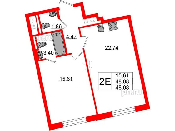 Квартира в ЖК Цивилизация на Неве, 1 комнатная, 48.08 м², 3 этаж