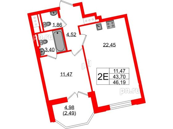 Квартира в ЖК Цивилизация на Неве, 1 комнатная, 46.19 м², 7 этаж