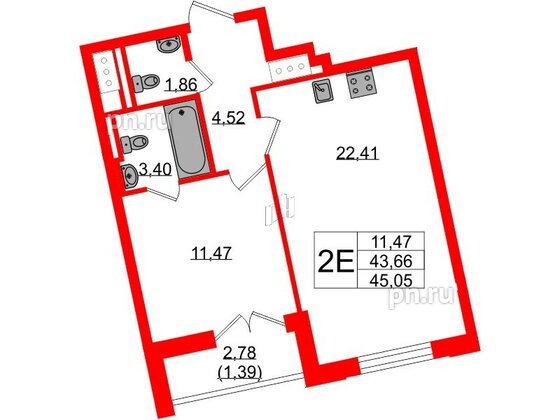 Квартира в ЖК Цивилизация на Неве, 1 комнатная, 45.05 м², 12 этаж