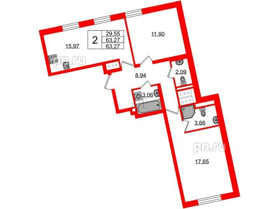 Квартира в ЖК Цивилизация на Неве, 2 комнатная, 63.27 м², 4 этаж