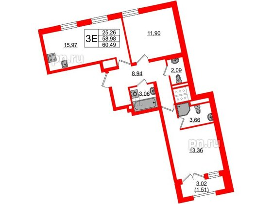 Квартира в ЖК Цивилизация на Неве, 2 комнатная, 60.49 м², 7 этаж