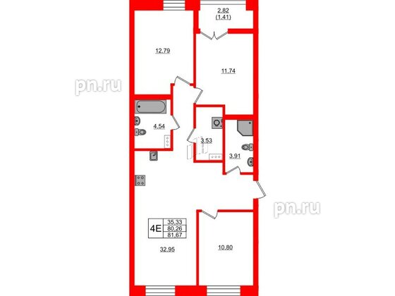 Квартира в ЖК NEWПИТЕР, 3 комнатная, 81.67 м², 3 этаж