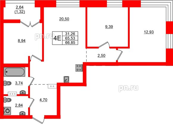 Квартира в ЖК NEWПИТЕР, 3 комнатная, 66.85 м², 3 этаж