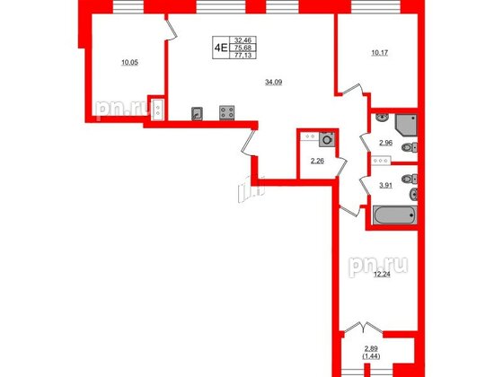 Квартира в ЖК NEWПИТЕР, 3 комнатная, 77.13 м², 3 этаж