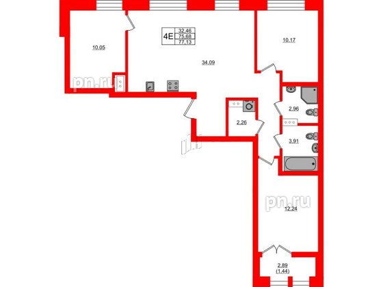 Квартира в ЖК NEWПИТЕР, 3 комнатная, 77.13 м², 5 этаж