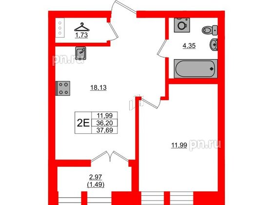 Квартира в ЖК NEWПИТЕР, 1 комнатная, 37.69 м², 9 этаж